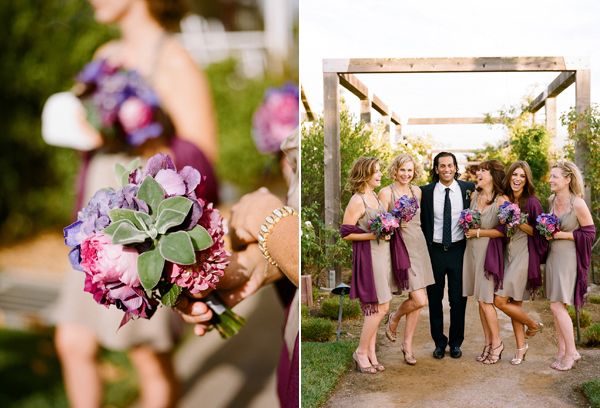bridesmaids in brown and purple